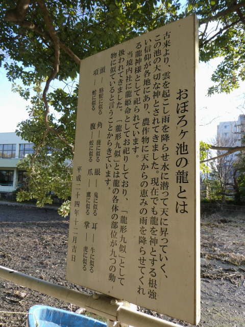 おぼろヶ池の龍の説明板(船江上社)